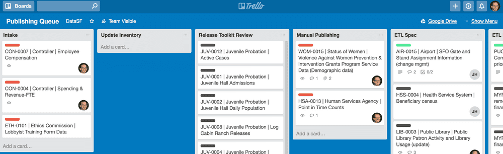 Screenshot of Trello board where our process is actively managed by the team.